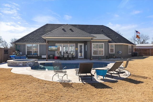 view of pool with an in ground hot tub, ceiling fan, central AC, and a patio area