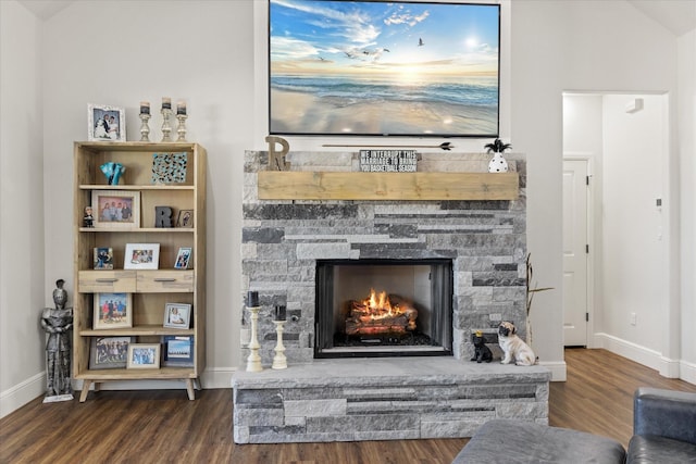 interior details with hardwood / wood-style flooring and a fireplace