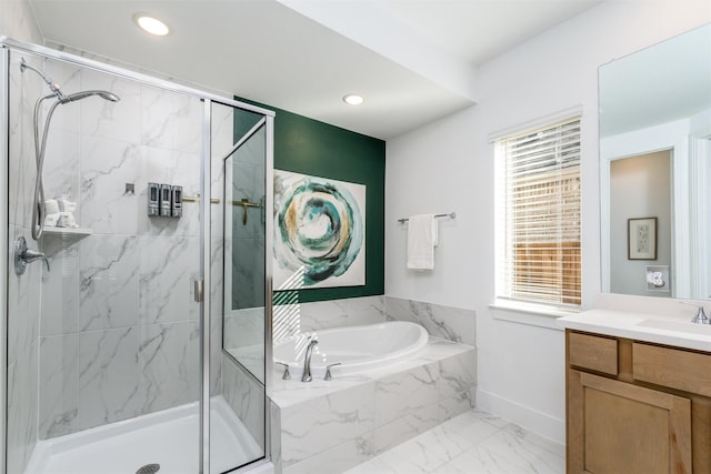 bathroom with marble finish floor, a garden tub, vanity, a shower stall, and recessed lighting