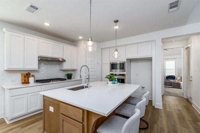 2000 Dappled Grey Ave, Aubrey, TX 76227 - kitchen featuring a sink, appliances with stainless steel finishes, visible vents, wood finished floors, and backsplash