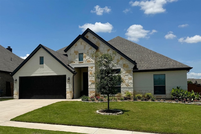 french country style house with a garage and a front yard