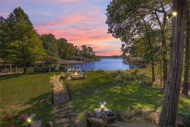 view of water feature featuring a fire pit