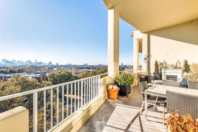 balcony with exterior fireplace