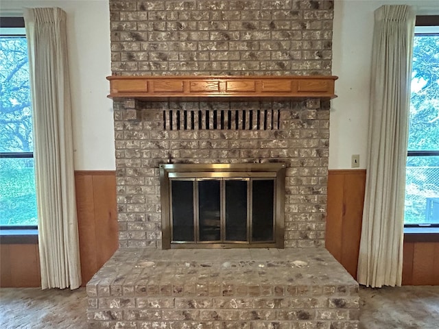 interior details with a fireplace and wood walls