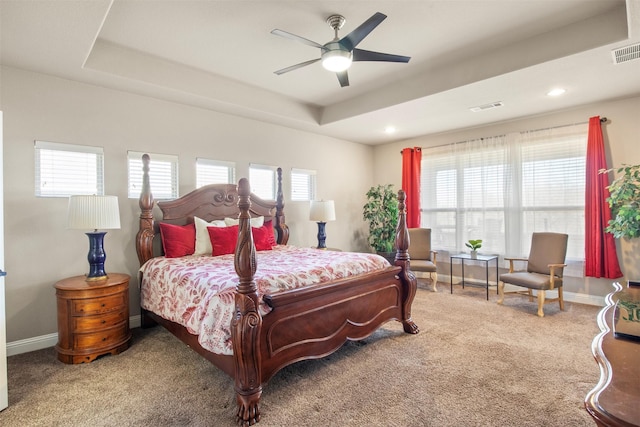 carpeted bedroom with a raised ceiling, ceiling fan, and multiple windows