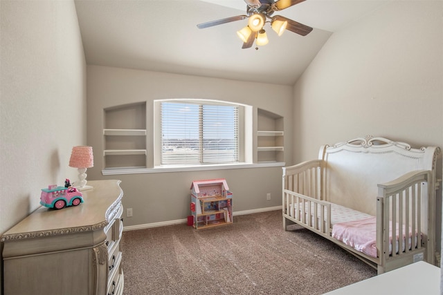 bedroom featuring lofted ceiling, ceiling fan, and carpet