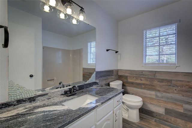 bathroom with vanity, wood-type flooring, a wealth of natural light, and toilet