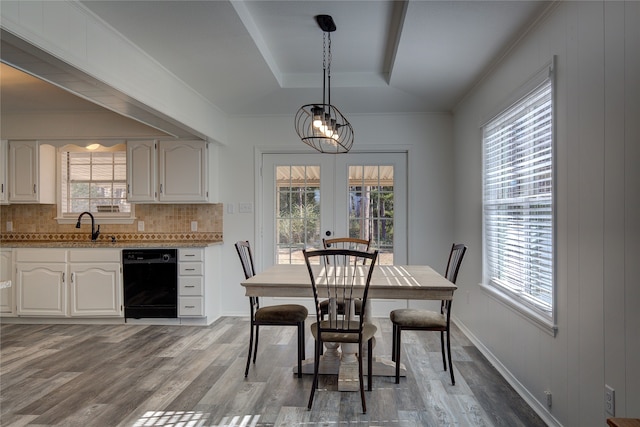 dining space featuring french doors, a tray ceiling, light wood-type flooring, and a wealth of natural light