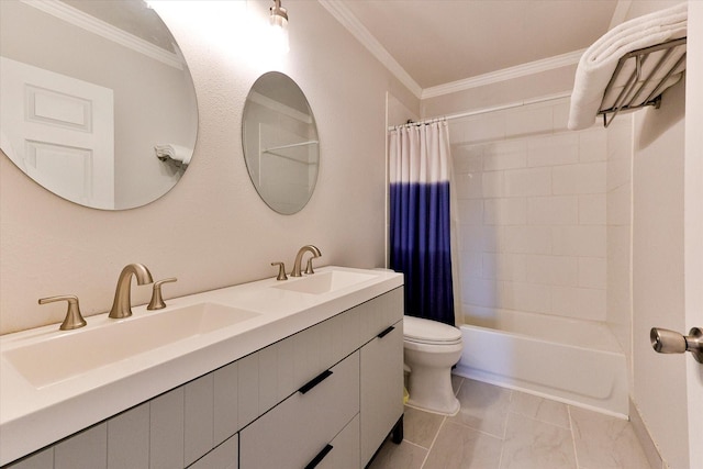 full bathroom with vanity, ornamental molding, shower / bath combination with curtain, and toilet