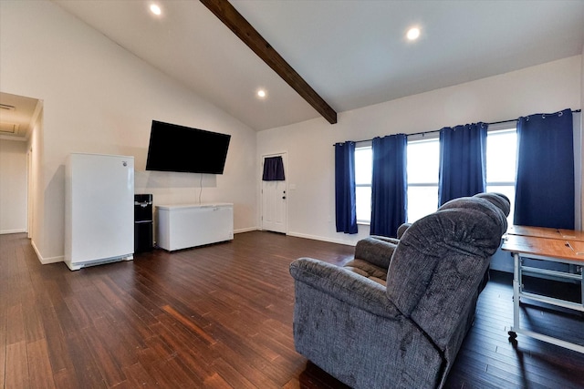 living room featuring beam ceiling, high vaulted ceiling, and dark hardwood / wood-style floors