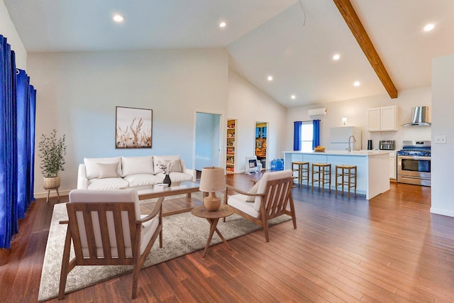 living room featuring beamed ceiling, sink, dark hardwood / wood-style flooring, and high vaulted ceiling