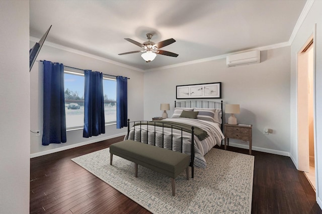 bedroom with crown molding, ceiling fan, dark hardwood / wood-style floors, and an AC wall unit