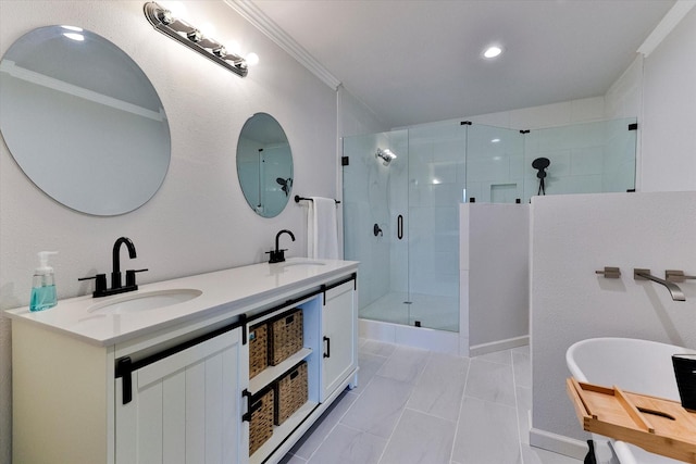 bathroom with crown molding, vanity, and walk in shower