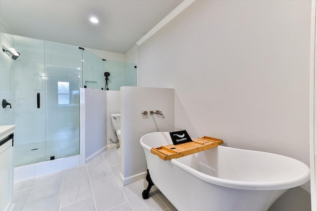 full bathroom with toilet, separate shower and tub, ornamental molding, vanity, and tile patterned flooring