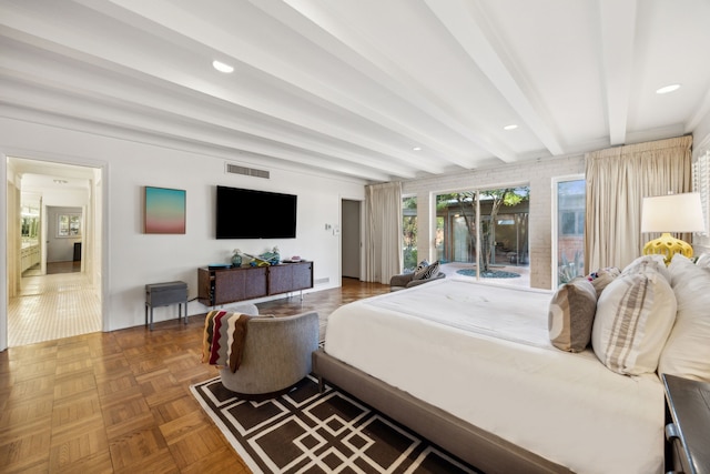 bedroom featuring recessed lighting, beam ceiling, and visible vents