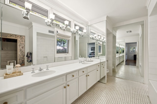 full bath featuring crown molding, a sink, and double vanity