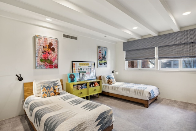 bedroom featuring carpet floors, visible vents, beamed ceiling, and recessed lighting