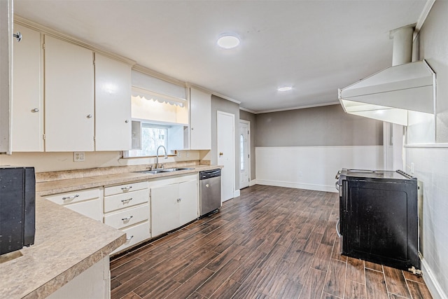 kitchen featuring sink, stove, white cabinets, dark hardwood / wood-style flooring, and stainless steel dishwasher