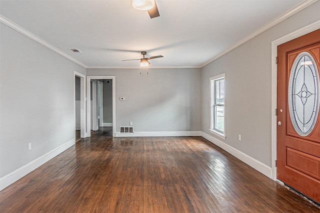 foyer with dark wood-type flooring, ceiling fan, and ornamental molding