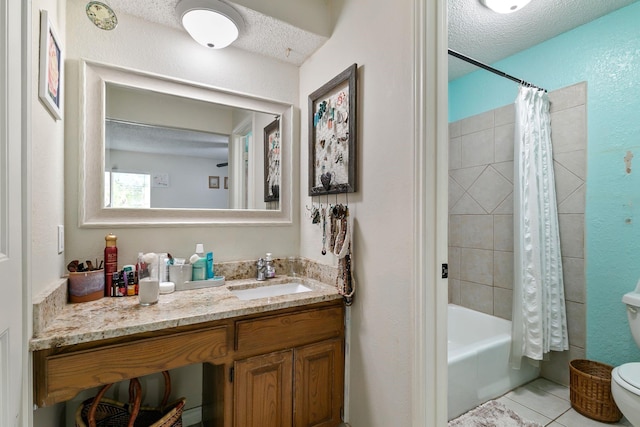 full bathroom featuring shower / bathtub combination with curtain, tile patterned flooring, vanity, a textured ceiling, and toilet