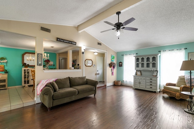 living room with vaulted ceiling with beams, ceiling fan with notable chandelier, dark wood-type flooring, and a textured ceiling