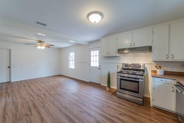 kitchen with white cabinetry, wood-type flooring, ceiling fan, and appliances with stainless steel finishes