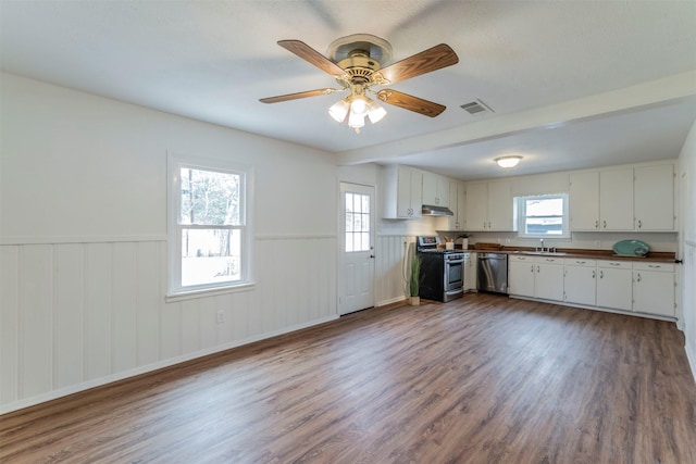 kitchen featuring sink, white cabinetry, ceiling fan, stainless steel appliances, and hardwood / wood-style floors