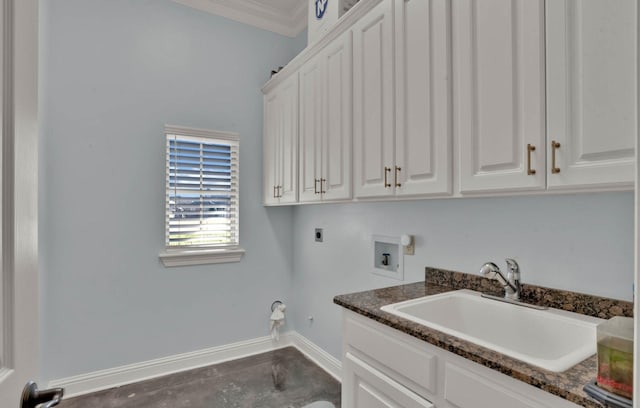 laundry area featuring sink, cabinets, ornamental molding, hookup for a washing machine, and hookup for an electric dryer