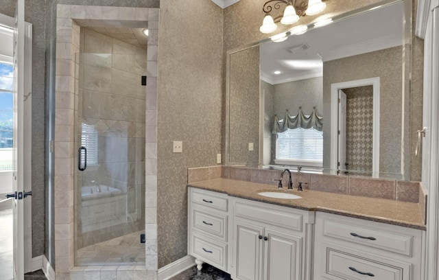 bathroom with a shower with door, ornamental molding, and vanity