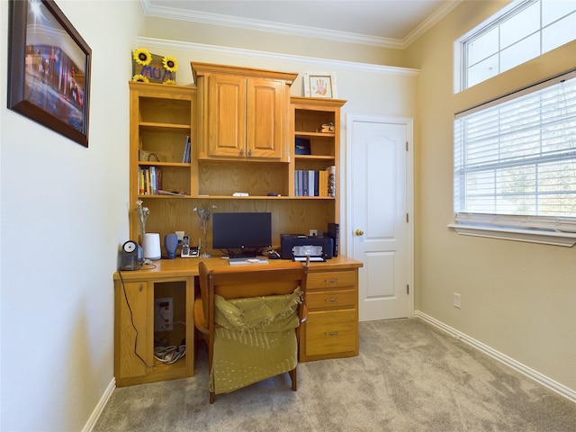 office featuring crown molding and light colored carpet