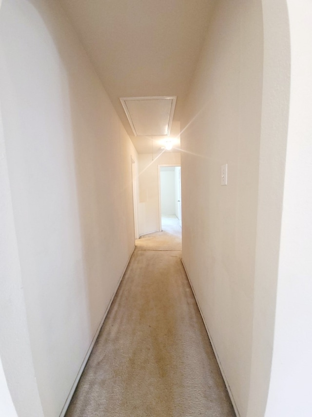 hall with light colored carpet