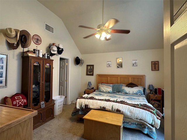 bedroom with lofted ceiling, light carpet, and ceiling fan