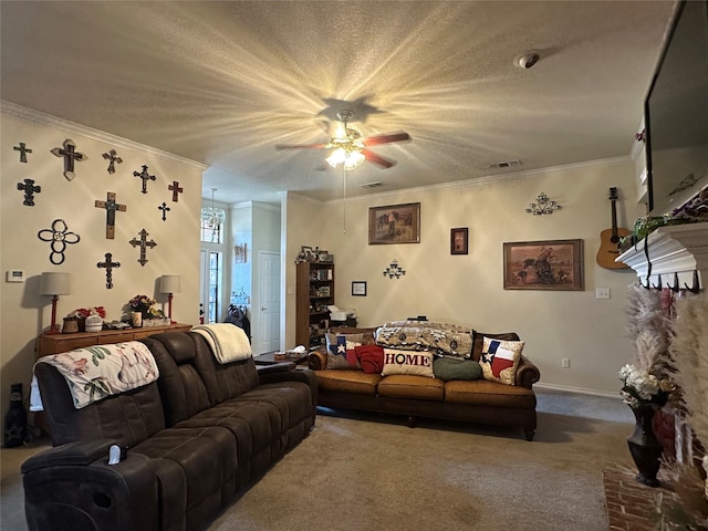 living room with ornamental molding, carpet, ceiling fan, and a textured ceiling