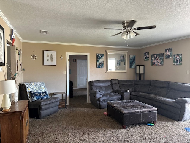 carpeted living room featuring crown molding, ceiling fan, and a textured ceiling