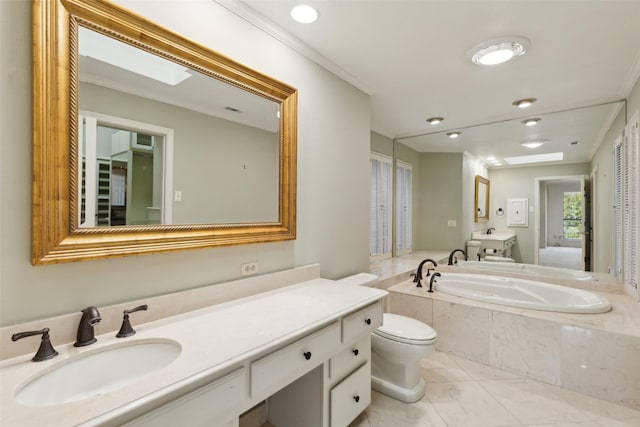 bathroom with crown molding, a relaxing tiled tub, vanity, and toilet