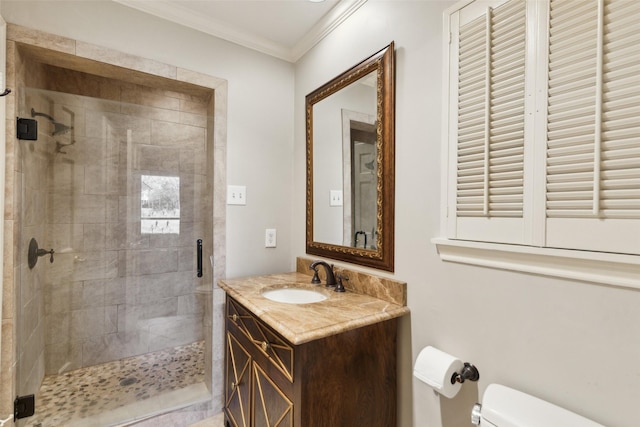 17309 Club Hill Dr, Dallas, TX 75248 - full bathroom with vanity, toilet, ornamental molding, and a stall shower