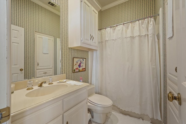 bathroom with walk in shower, ornamental molding, toilet, and vanity