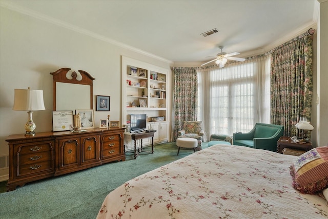 bedroom with crown molding, ceiling fan, and carpet flooring