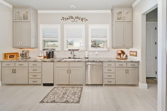 kitchen featuring dishwasher, light stone countertops, sink, and ornamental molding