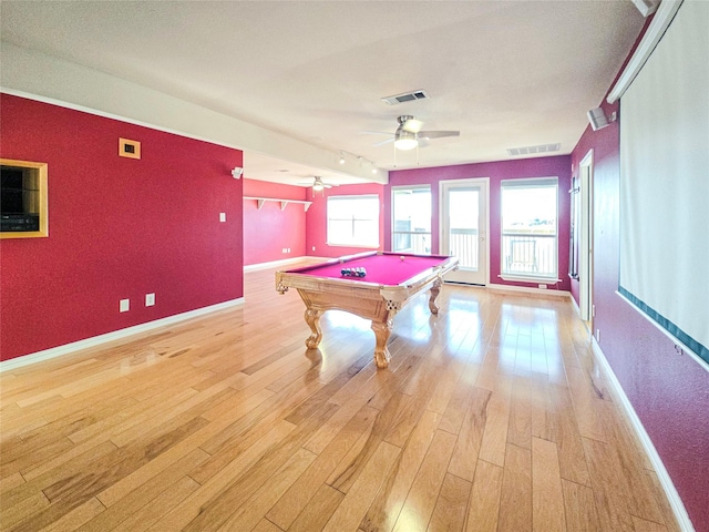 rec room with pool table, light hardwood / wood-style floors, and ceiling fan