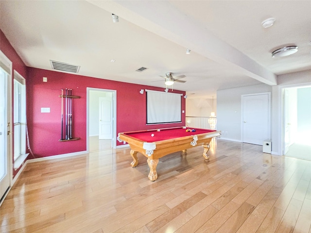 playroom featuring ceiling fan, a healthy amount of sunlight, pool table, and light wood-type flooring