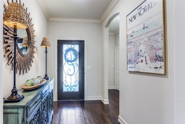 foyer with crown molding and dark wood-type flooring