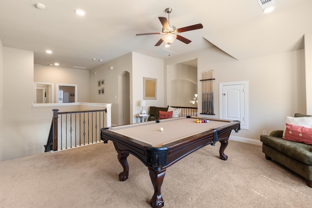 playroom with ceiling fan, pool table, and carpet