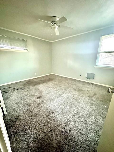 carpeted spare room with ornamental molding and ceiling fan