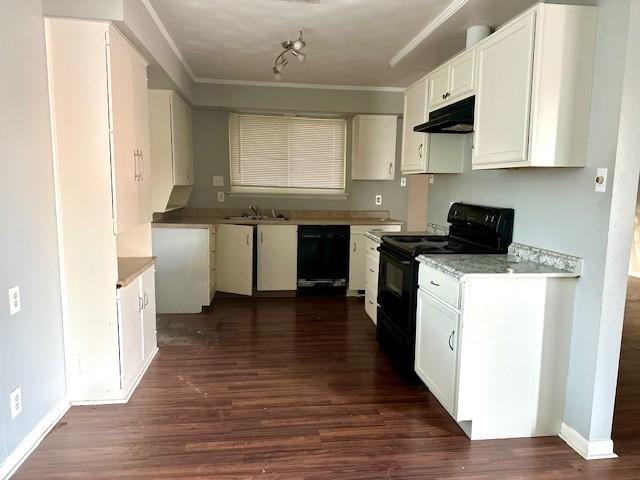 kitchen with sink, white cabinets, ornamental molding, black appliances, and dark wood-type flooring