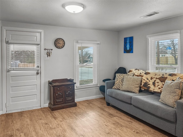 living room with light hardwood / wood-style floors and a textured ceiling