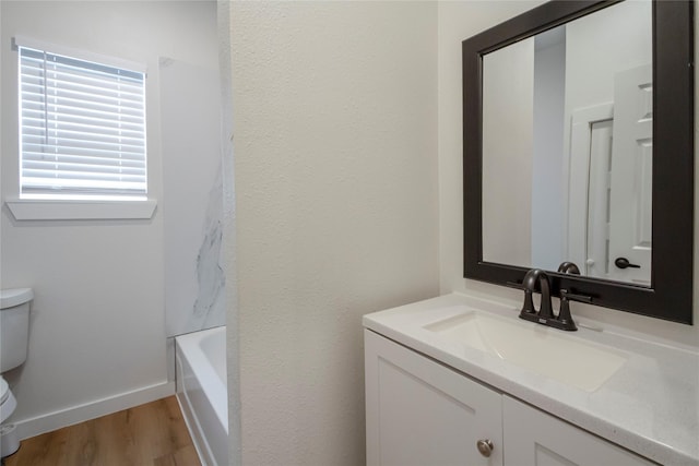 bathroom with vanity, wood-type flooring, and toilet