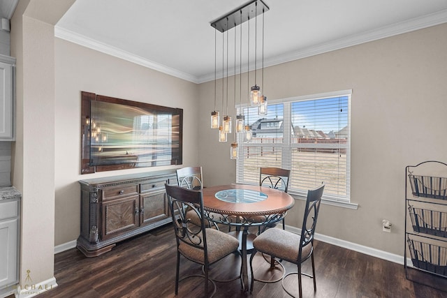 dining space featuring crown molding and dark wood-type flooring