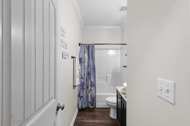 full bathroom with wood-type flooring, shower / bath combination with curtain, ornamental molding, vanity, and toilet