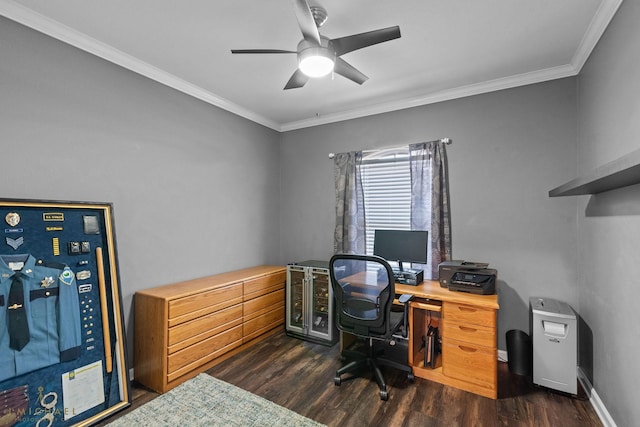 office space with ceiling fan, ornamental molding, and dark hardwood / wood-style flooring